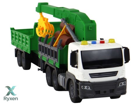 Ciężarówka Z Dźwigiem Przyczepą Napęd Frykcyjny Dźwięki Zielona Drewno 1:16 LEAN TOYS
