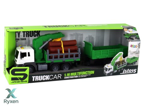 Ciężarówka Z Dźwigiem Przyczepą Napęd Frykcyjny Dźwięki Zielona Drewno 1:16 LEAN TOYS