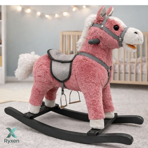 Koń Na Biegunach Siodło Stopki Bujak Dźwięki Różowy 74 cm LEAN TOYS