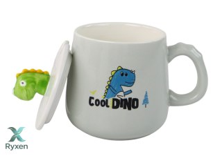 Kubek Ceramiczny Dinozaur Niebieski Przykrywka Łyżeczka 350ml LEAN TOYS