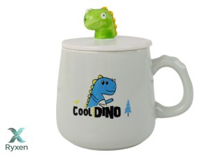 Kubek Ceramiczny Dinozaur Niebieski Przykrywka Łyżeczka 350ml LEAN TOYS