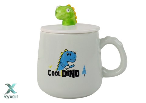 Kubek Ceramiczny Dinozaur Niebieski Przykrywka Łyżeczka 350ml LEAN TOYS