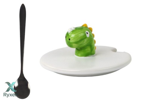 Kubek Ceramiczny Dinozaur Niebieski Przykrywka Łyżeczka 350ml LEAN TOYS