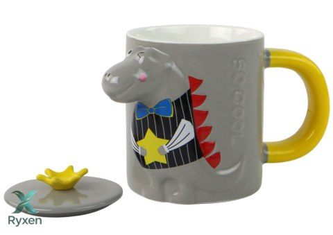 Kubek Ceramiczny z Pokrywką Szary Dinozaur 400 ml LEAN TOYS