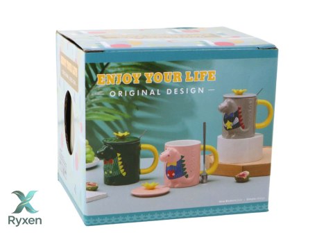 Kubek Ceramiczny z Pokrywką Szary Dinozaur 400 ml LEAN TOYS