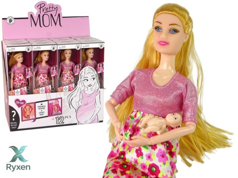 Lalka Dla Dzieci W Ciąży Różowa Sukienka Kwiaty LEAN TOYS
