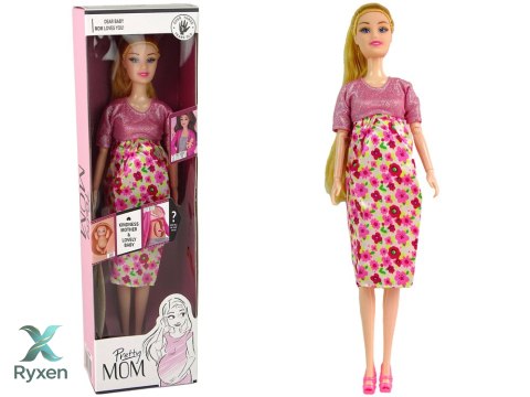 Lalka Dla Dzieci W Ciąży Różowa Sukienka Kwiaty LEAN TOYS