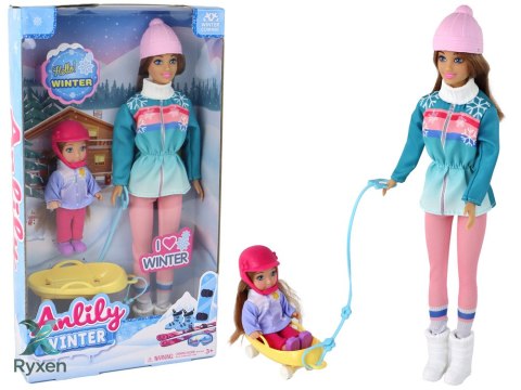 Lalki Anlily Mama Z Córką Na Sankach Zestaw Sanki LEAN TOYS