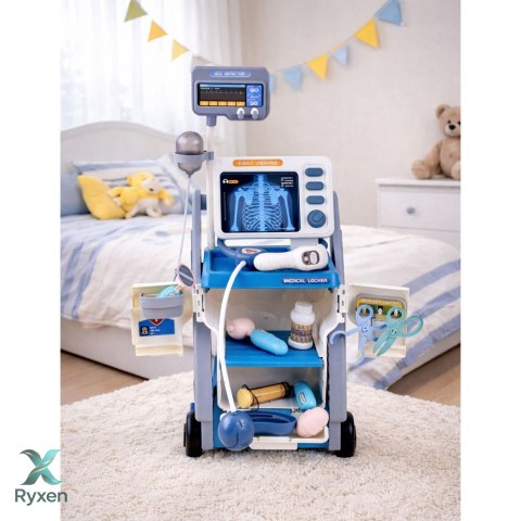 Zestaw Małego Doktora Wózek Medyczny RTG EKG Światła Niebieski 16 el. LEAN TOYS