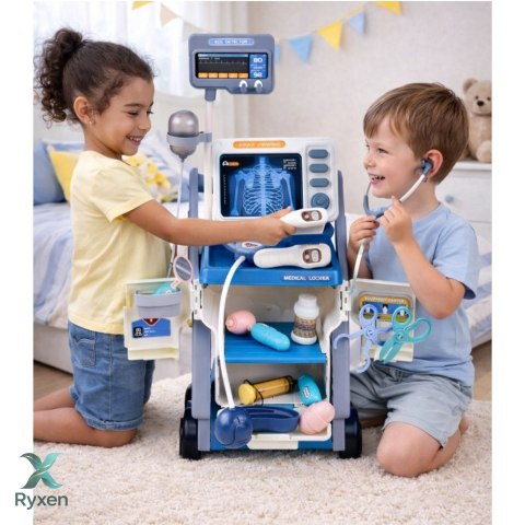 Zestaw Małego Doktora Wózek Medyczny RTG EKG Światła Niebieski 16 el. LEAN TOYS