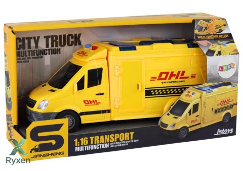 Auto Dostawcze Napęd Frykcyjny Otwierane Drzwi Światła Dźwięki Żółte 1:16 LEAN TOYS