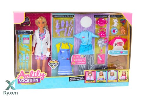Lalka Anlily 4w1 Lekarz Fryzjer Kucharka Zwierzęta Ubrania Akcesoria LEAN TOYS
