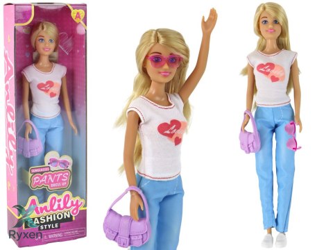 Lalka Dla Dzieci Anlily Długie Blond Włosy Torebka Okulary Biała Bluzka LEAN TOYS