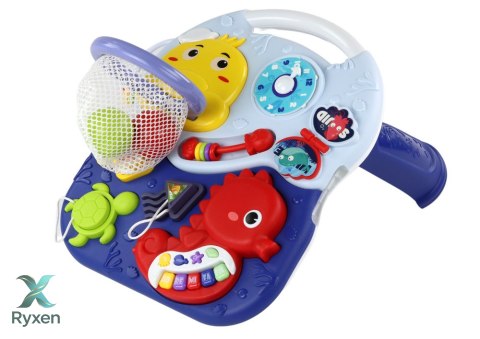 Stolik Edukacyjny 2w1 Zwierzęta Morskie Pianinko Zegar Kosz Piłki LEAN TOYS
