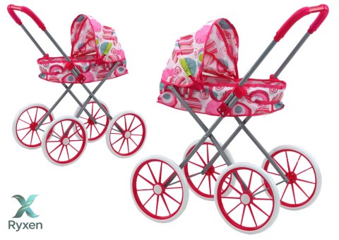 Wózek Dla Lalek Duże Koła Składany Różowy Wzorki LEAN TOYS