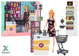 Zestaw Lalka W Supermarkecie Regały Koszyk Sklepowy Produkty Spożywcze LEAN TOYS