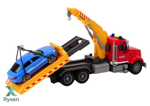 Ciężarówka Laweta Z Dźwigiem Na Auto Światła Dźwięki Napęd Czerwona LEAN TOYS