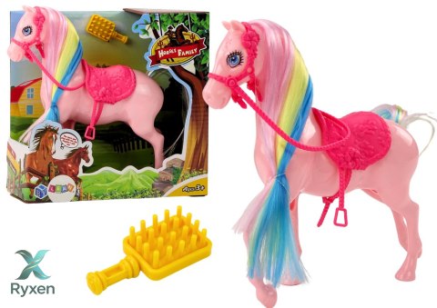 Figurka Koń Z Kolorową Grzywą Różowe Siodło Szczotka Farma Różowy LEAN TOYS