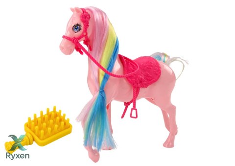 Figurka Koń Z Kolorową Grzywą Różowe Siodło Szczotka Farma Różowy LEAN TOYS
