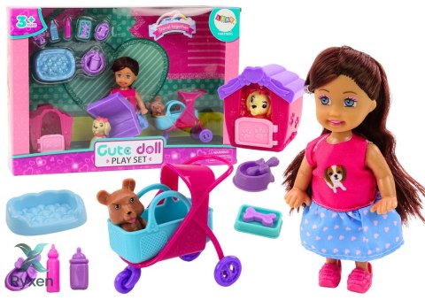 Laleczka Z Psami Lalka Piesek Buda Akcesoria Różowe Szczeniak 16 ele. LEAN TOYS