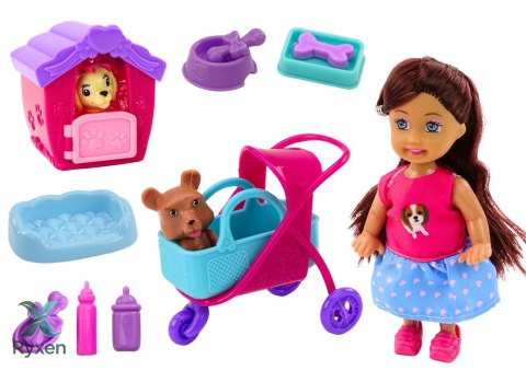 Laleczka Z Psami Lalka Piesek Buda Akcesoria Różowe Szczeniak 16 ele. LEAN TOYS