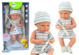 Lalka Bobas w Biało-Niebieskim Ubranku Czapeczka Smoczek Śliniaczek Kołderka LEAN TOYS