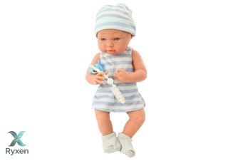 Lalka Bobas w Biało-Niebieskim Ubranku Czapeczka Smoczek Śliniaczek Kołderka LEAN TOYS