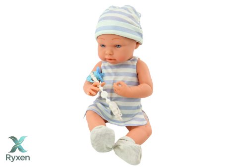Lalka Bobas w Biało-Niebieskim Ubranku Czapeczka Smoczek Śliniaczek Kołderka LEAN TOYS