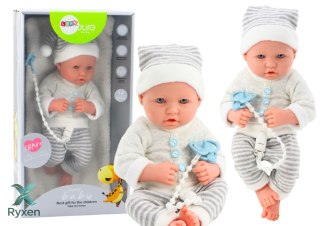 Lalka Bobas w Biało-Szarym Ubranku W Paski Czapeczka Smoczek Kołderka LEAN TOYS