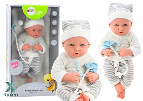 Lalka Bobas w Biało-Szarym Ubranku W Paski Czapeczka Smoczek Kołderka LEAN TOYS