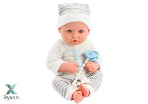 Lalka Bobas w Biało-Szarym Ubranku W Paski Czapeczka Smoczek Kołderka LEAN TOYS
