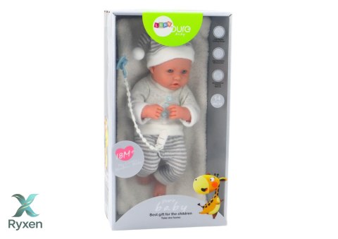 Lalka Bobas w Biało-Szarym Ubranku W Paski Czapeczka Smoczek Kołderka LEAN TOYS