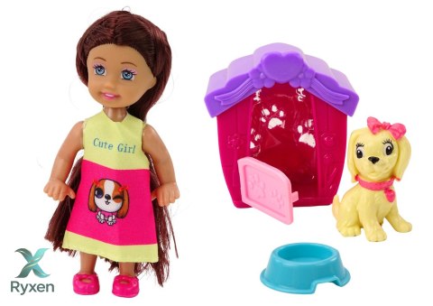Mini Laleczka Długie Włosy Sukienka Kolorowa Piesek Buda LEAN TOYS