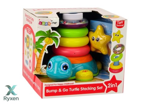 Piramidka Jeżdżący Żółwik 2w1 Układanka Kółka Światła Dźwięki LEAN TOYS