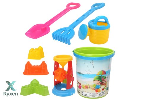 Zestaw Zabawek Do Piasku Wiaderko Młynek Konewka Foremki Kolorowy LEAN TOYS