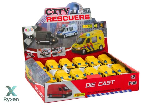 Ambulans Karetka 1:32 Otwierane Drzwi Światła Dźwięki Napęd Żółt LEAN TOYS