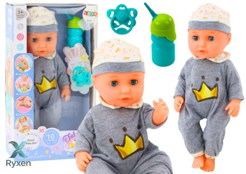 Lalka Bobas W Szarej Piżamce Siusiająca Butelka Smoczek Dźwięki LEAN TOYS