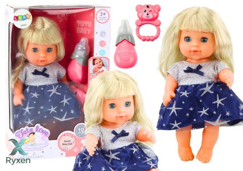 Lalka W Granatowej Sukience Siusiająca Butelka Grzechotka Dźwięki LEAN TOYS