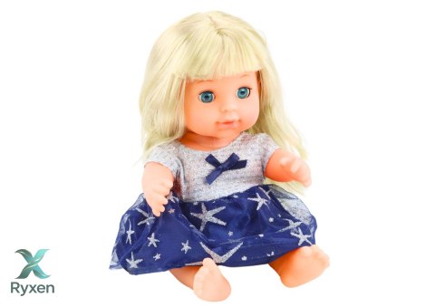 Lalka W Granatowej Sukience Siusiająca Butelka Grzechotka Dźwięki LEAN TOYS