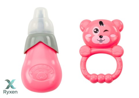 Lalka W Granatowej Sukience Siusiająca Butelka Grzechotka Dźwięki LEAN TOYS