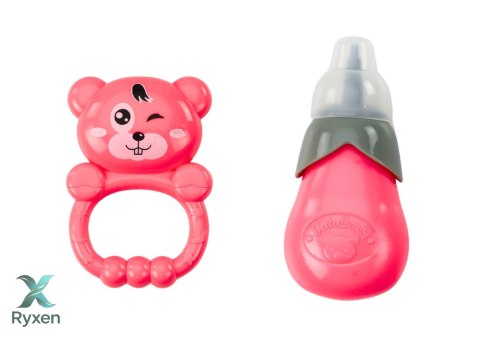 Lalka W Jasno-Różowej Sukience Siusiająca Butelka Grzechotka Dźwięki LEAN TOYS