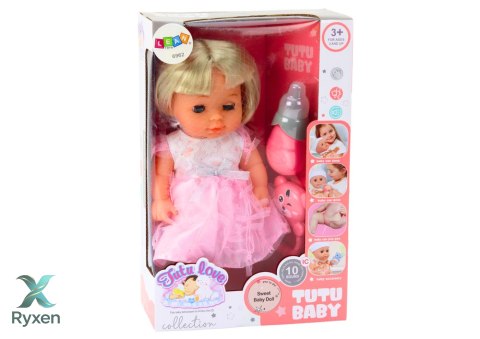 Lalka W Jasno-Różowej Sukience Siusiająca Butelka Grzechotka Dźwięki LEAN TOYS