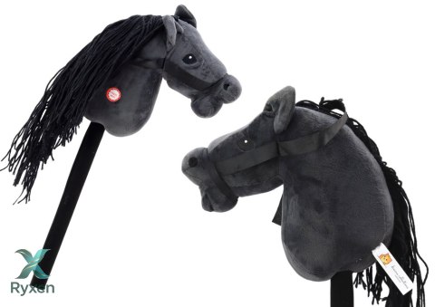 Pluszowa Głowa Konia Na Kiju Hobby Horse Koń Długowłosy Czarny Dźwięki LEAN TOYS