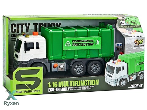 Śmieciarka Napęd Frykcyjnym Efekty Dźwiękowe Zielona 1:16 Segregowanie LEAN TOYS