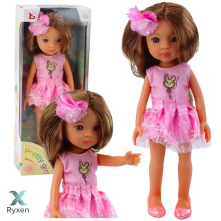Lalka W Różowej Sukience Długie Brązowe Włosy Spinka Kwiat LEAN TOYS