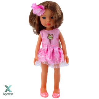 Lalka W Różowej Sukience Długie Brązowe Włosy Spinka Kwiat LEAN TOYS