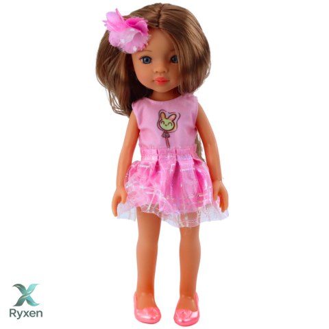 Lalka W Różowej Sukience Długie Brązowe Włosy Spinka Kwiat LEAN TOYS
