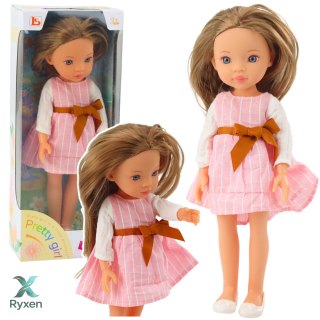 Lalka W Różowej Sukience z Kokardą Długie Brązowe Włosy LEAN TOYS