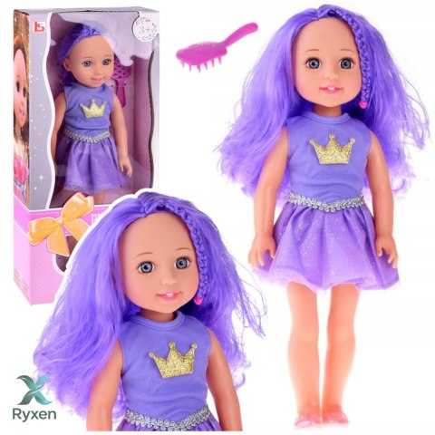 Lalka W Sukience z Koroną Długie Włosy Fioletowa Szczotka 38cm LEAN TOYS