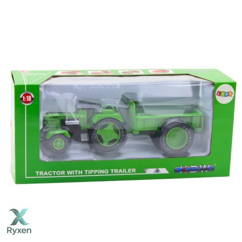Metalowy Traktor Rolniczy Z Przyczepą Zielony 1:18 LEAN TOYS